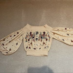 Free People Embroidered Floral Balloon Sleeve Top